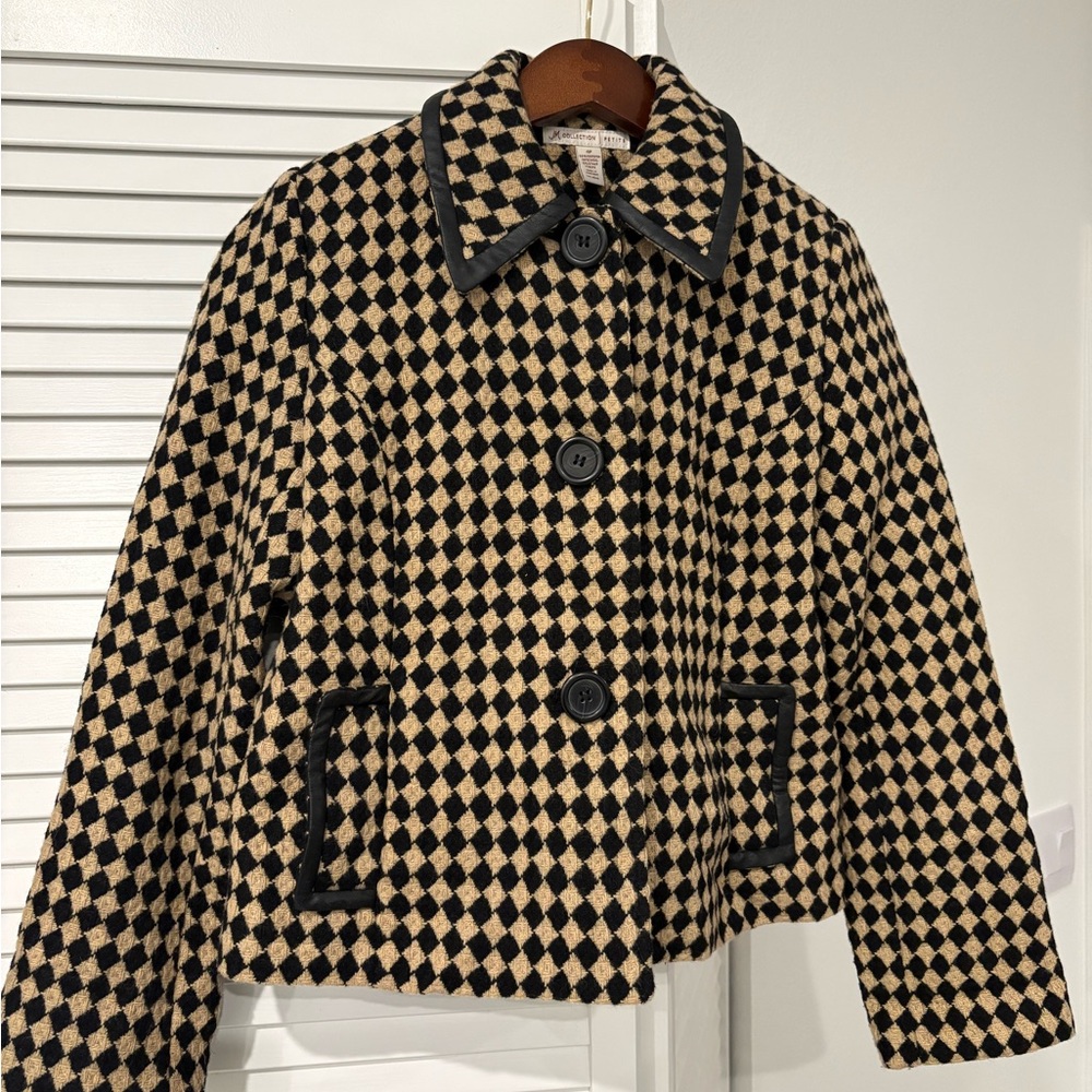 JM Collection Black and Cream Checkered Pea Coat